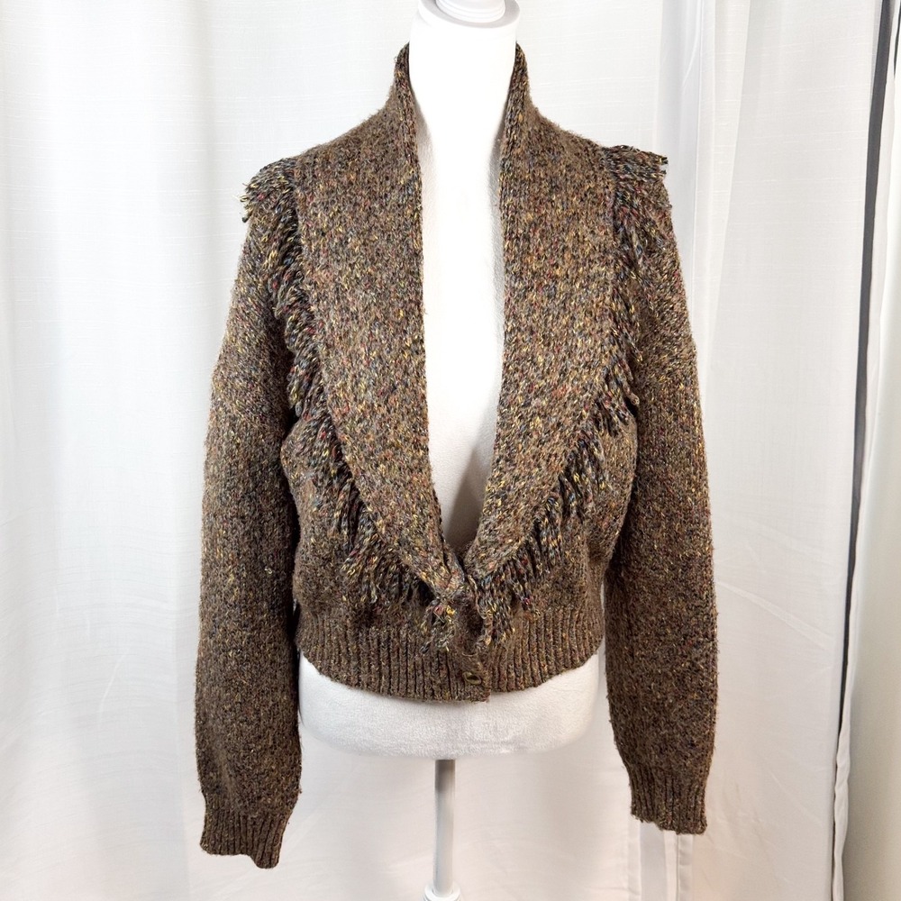 House of Harlow 1960 Anthropologie Boho Fringe Shawl Collar Sweater Confetti L